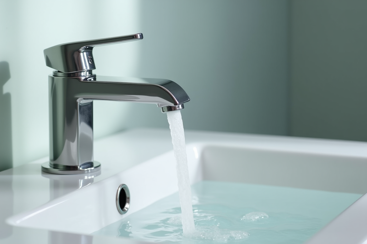 Robinet de salle de bain avec traces de minéraux blancs