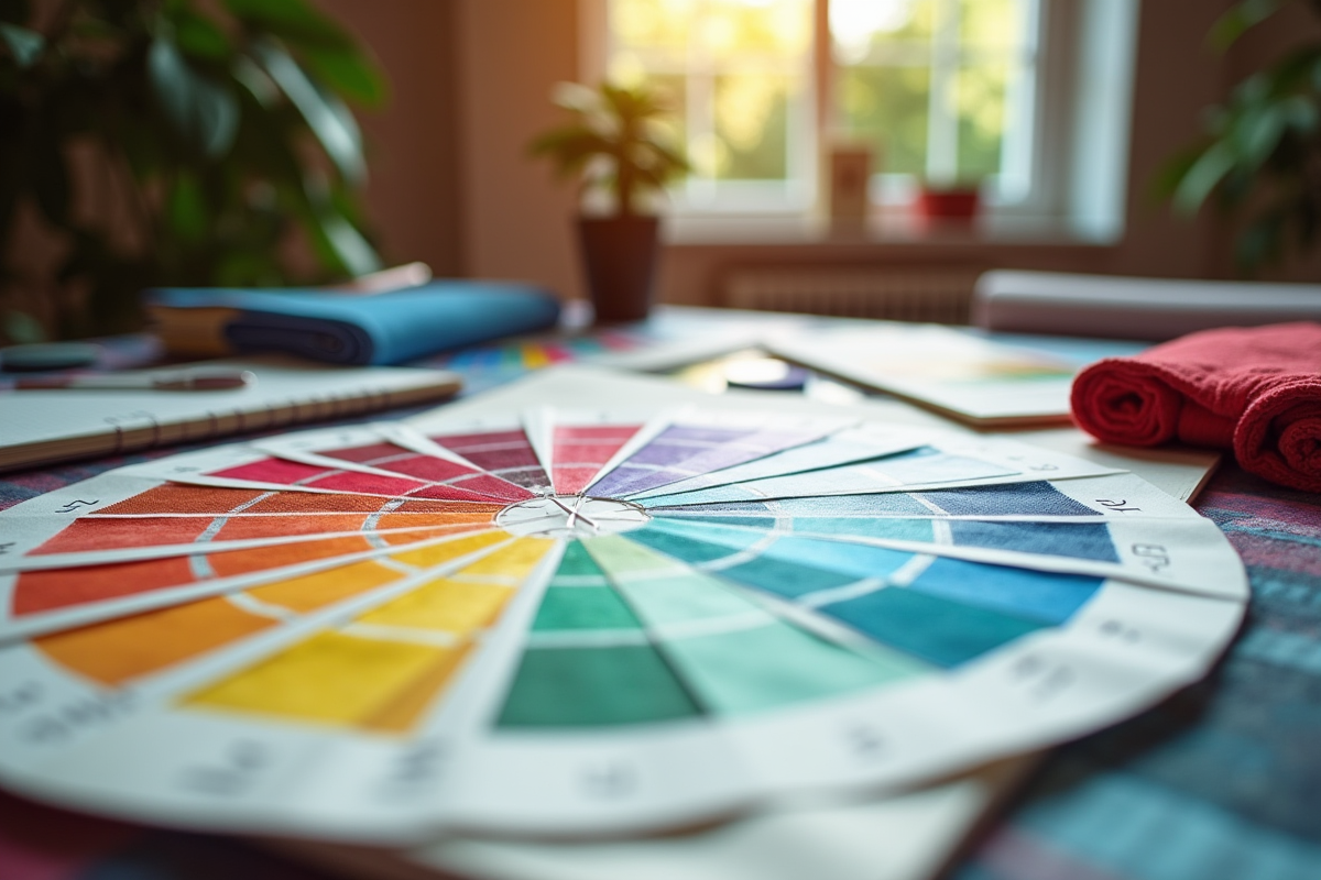 Roue des couleurs sur un bureau de designer avec échantillons de tissus
