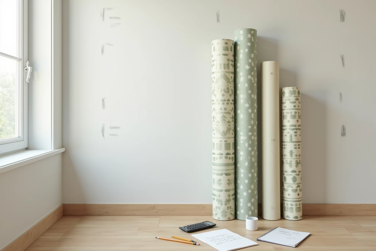 Rouleaux de papier peint posés au sol avec bloc-notes de calcul et mètre ruban pour estimer la quantité nécessaire pour 10m2