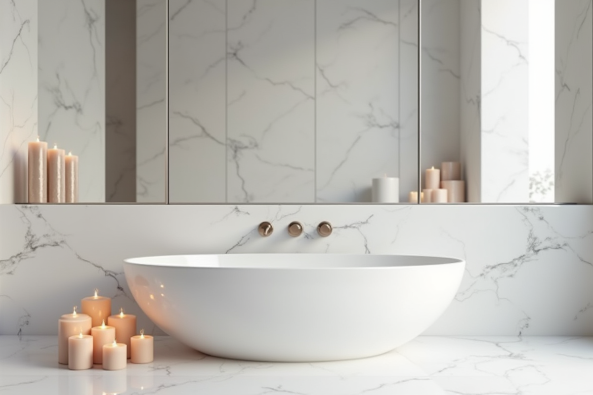 Salle de bain minimaliste avec baignoire et bougies parfumées