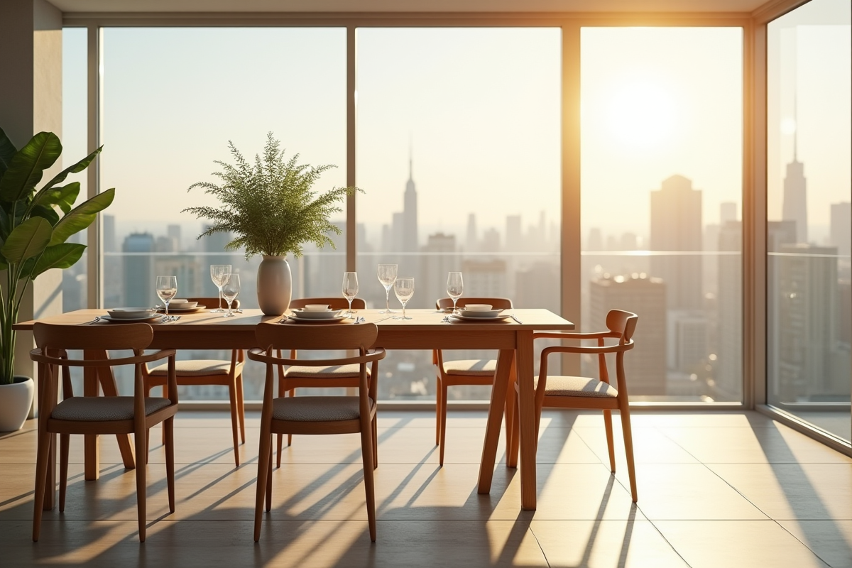 Salle à manger moderne lumineuse avec vue urbaine