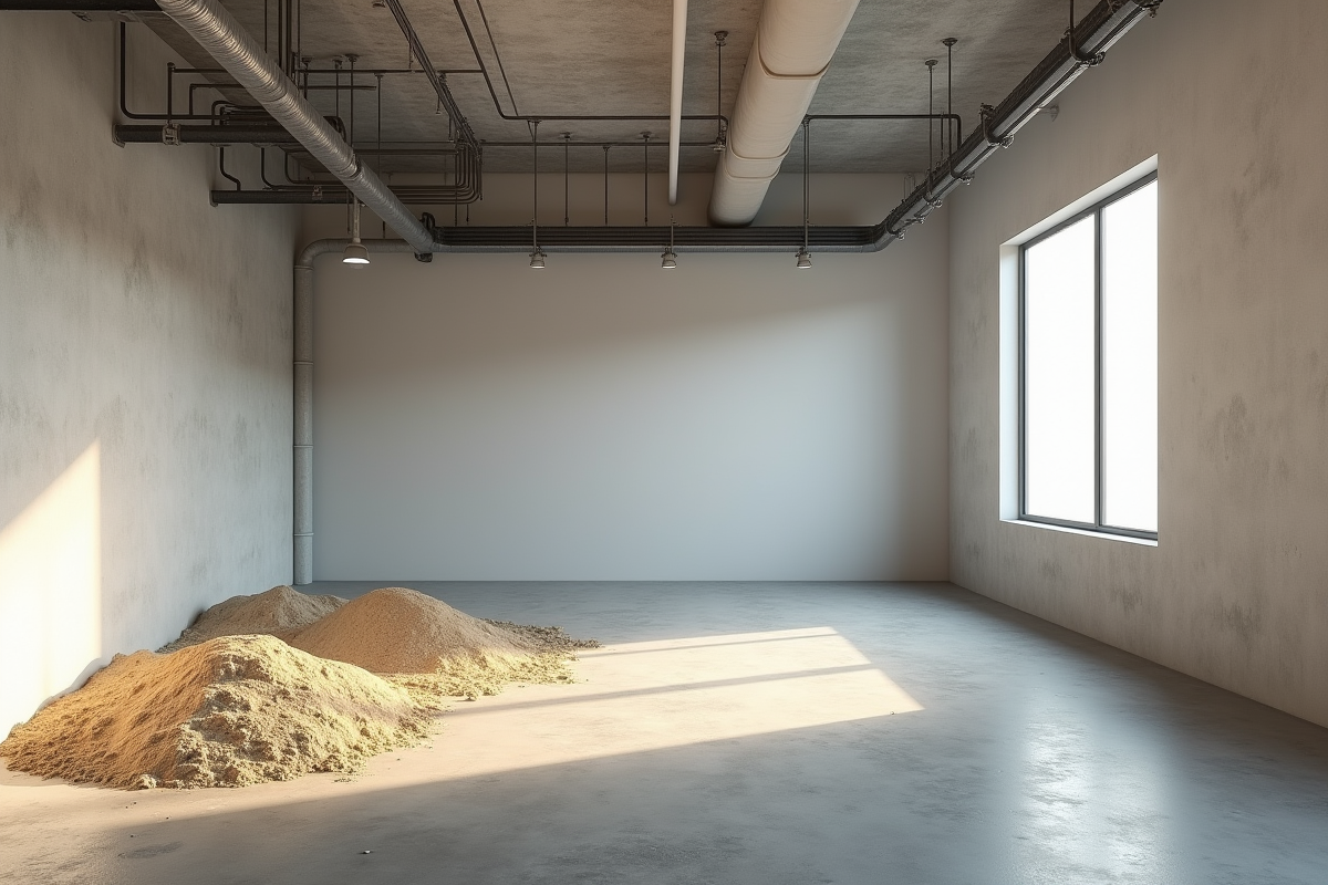 Salle utilitaire moderne avec tuyaux et couche de sable au sol