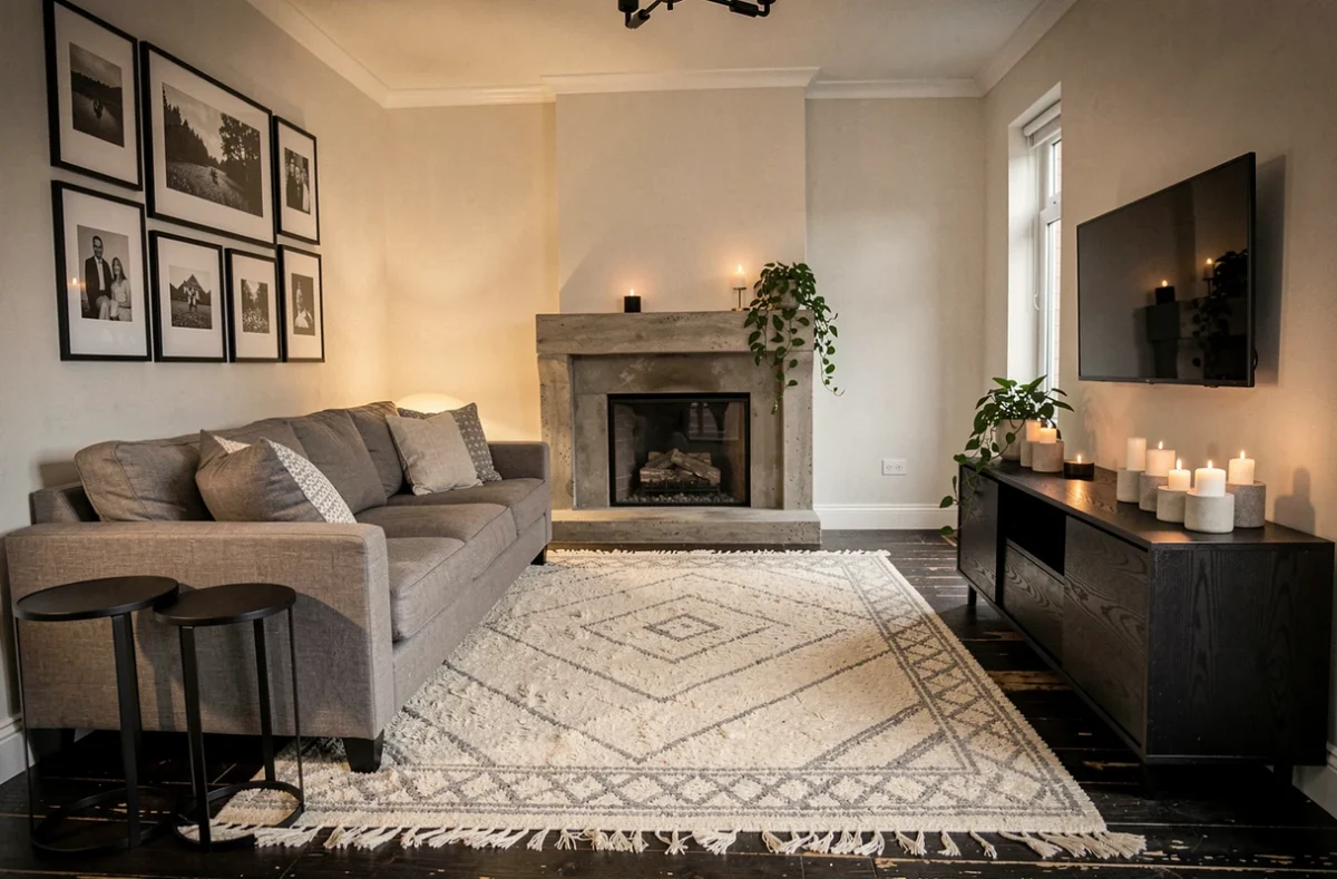 Salon complet décoré en noir gris et blanc avec canapé en lin, cheminée en béton brut et tapis marocain ivoire