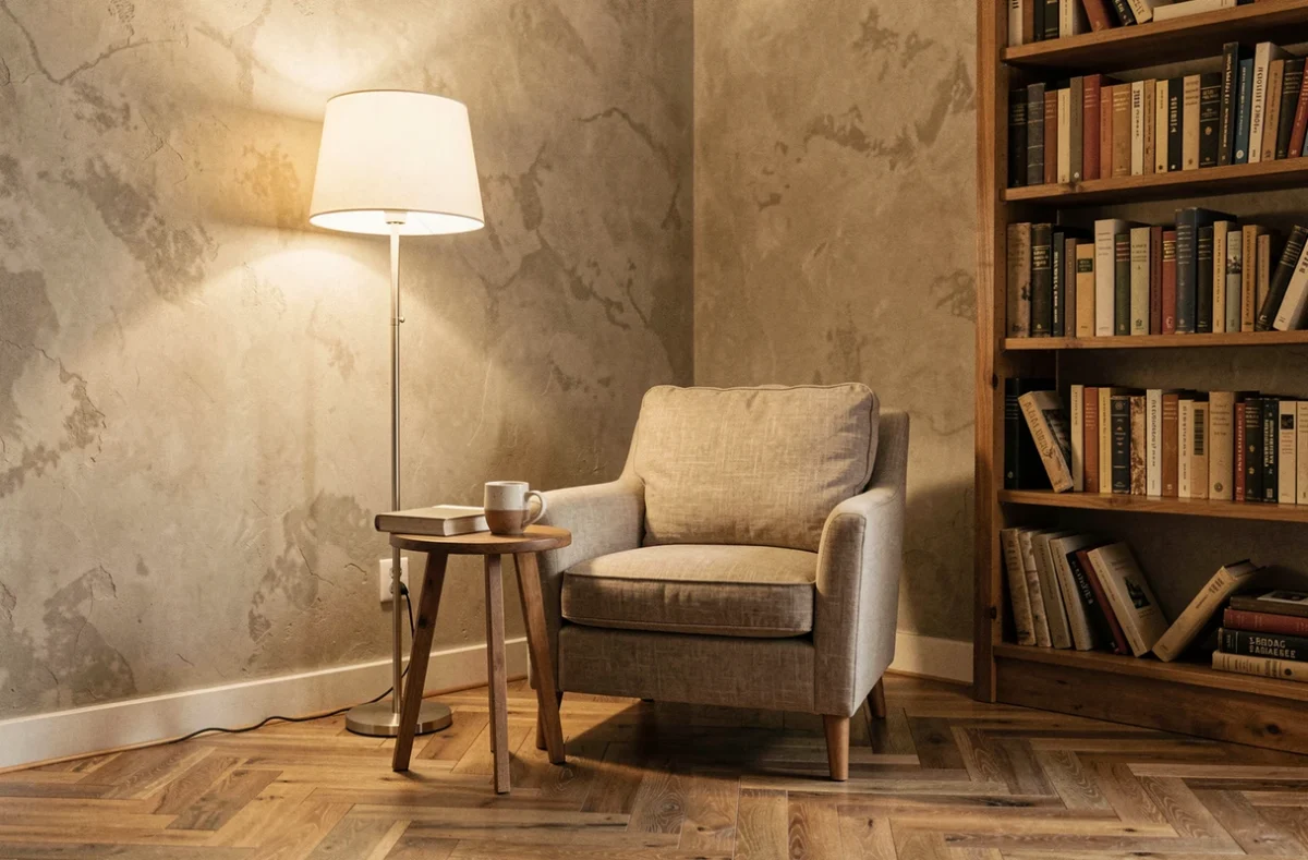 Salon cosy avec lampadaire à ampoule blanc chaud créant une atmosphère chaleureuse et apaisante