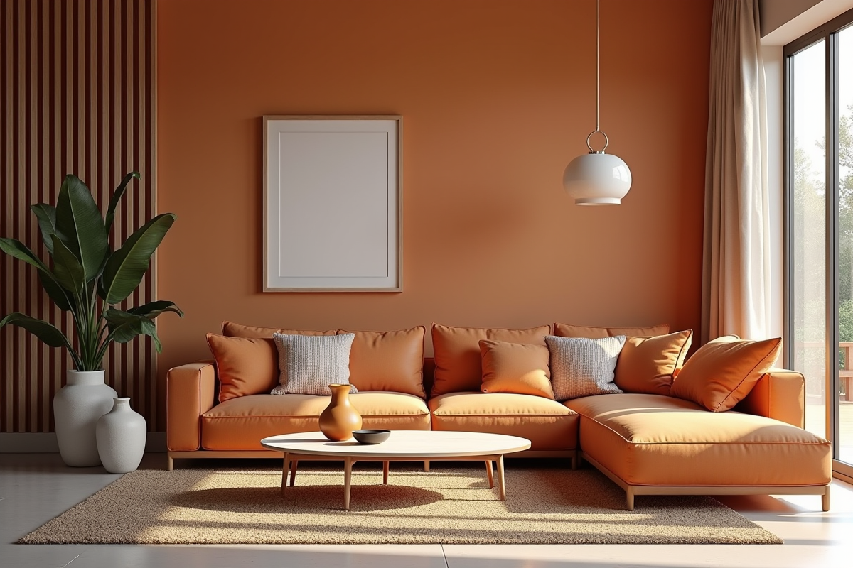 Salon moderne avec décoration aux couleurs contrastantes et lumière douce