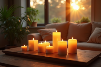 Salon élégant au coucher de soleil avec bougies et plantes vertes