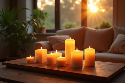 Salon élégant au coucher de soleil avec bougies et plantes vertes