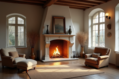 Salon français traditionnel avec cheminée allumée et ambiance chaleureuse