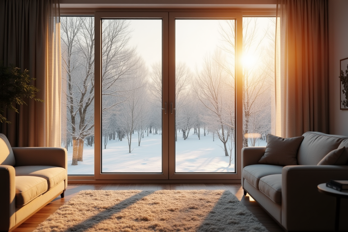 Salon moderne en hiver avec lumière naturelle et vitre givree