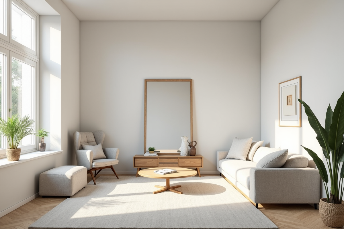 Salon moderne lumineux avec miroir et mobilier minimaliste