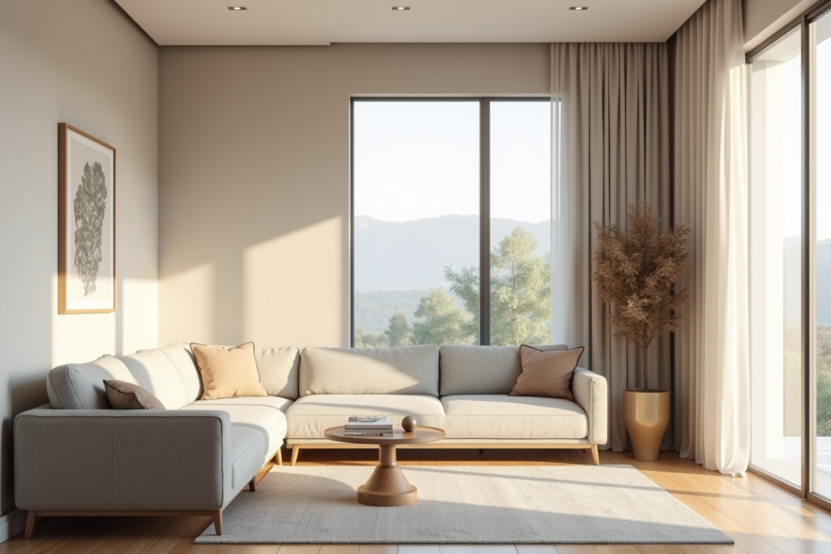 Salon moderne lumineux avec couleurs neutres et mobilier minimaliste