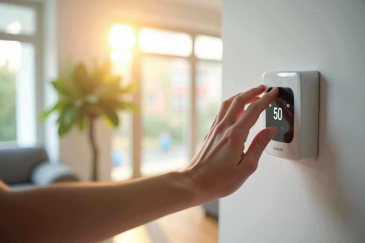 Salon moderne avec thermostat intelligent en action