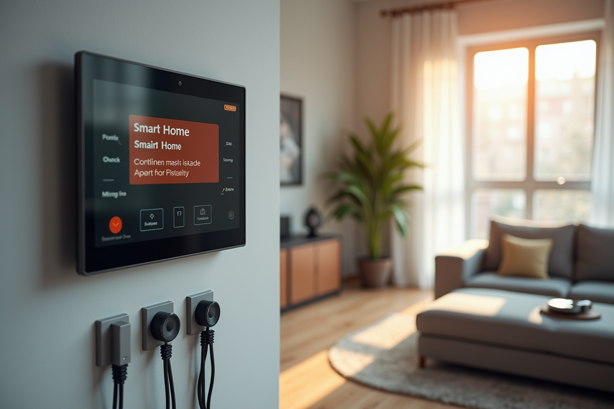 Salon moderne avec panneau de controle intelligent et notification