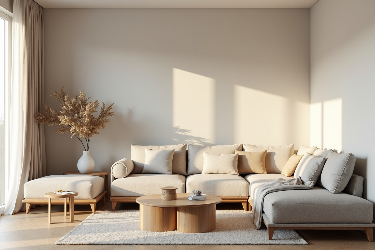 Salon moderne lumineux avec mobilier neutre et textiles doux