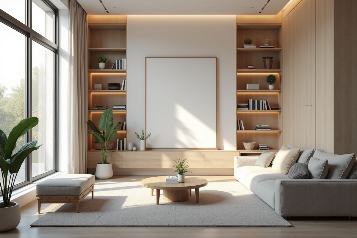 Salon moderne minimaliste avec lumière naturelle et étagères organisées