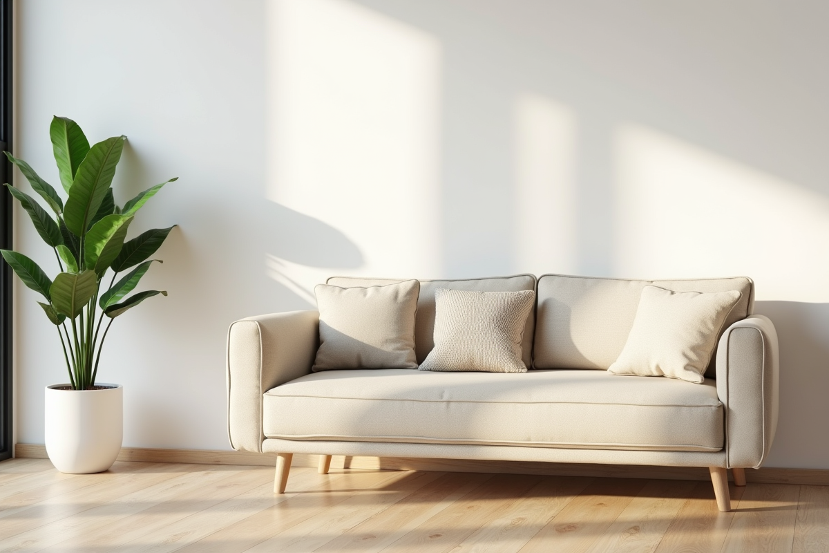 Petit salon moderne avec canapé beige et lumière naturelle