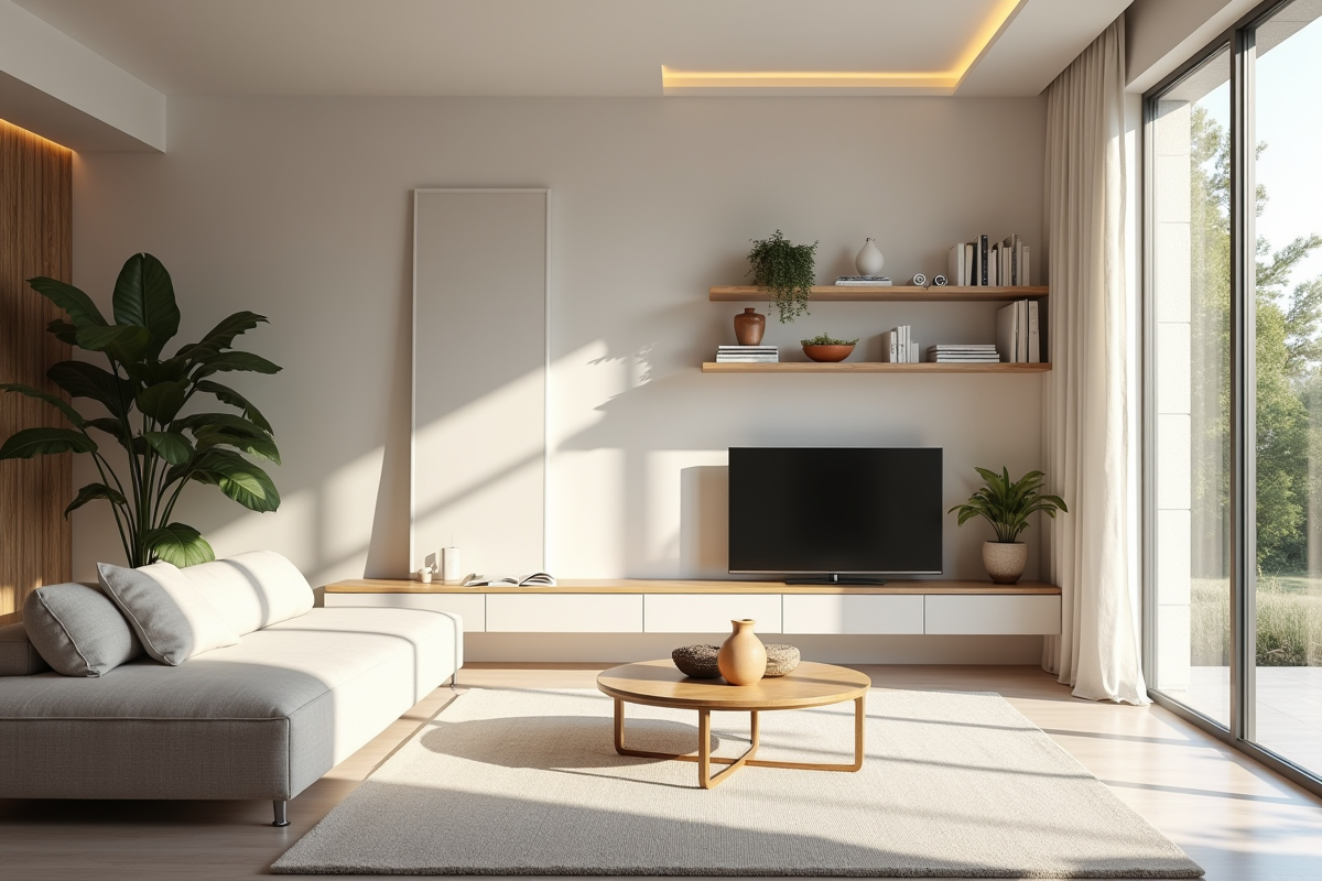Salon lumineux avec mobilier minimaliste et rangements discrets