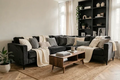 Salon cosy décoré en noir gris et blanc avec canapé velours anthracite, coussins texturés et tapis en jute