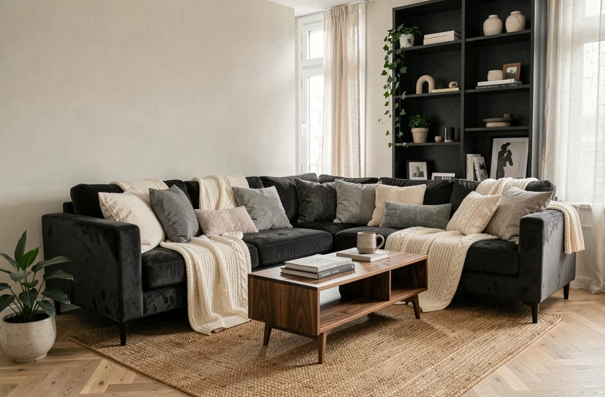 Salon cosy décoré en noir gris et blanc avec canapé velours anthracite, coussins texturés et tapis en jute