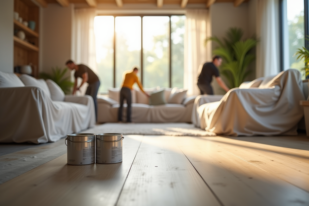 Salon moderne en rénovation avec lumière naturelle et ouvriers