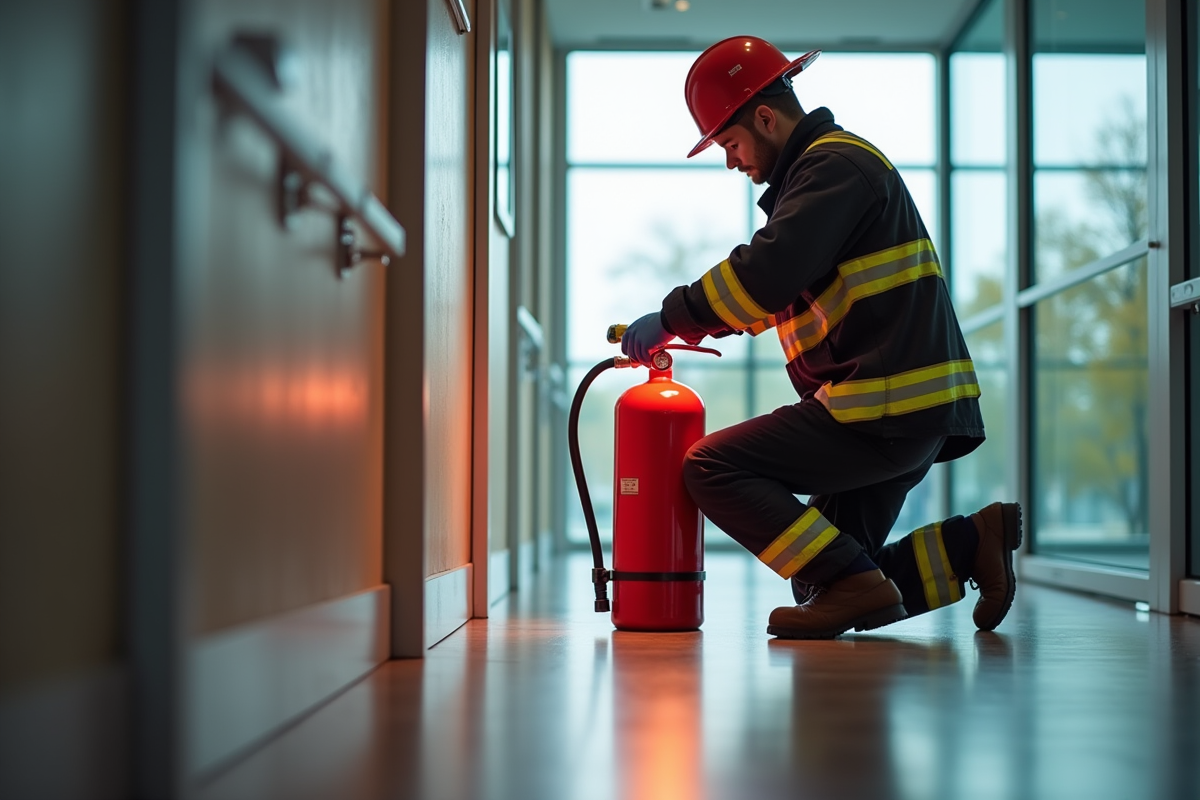 Sapeur ajustant un extincteur rouge dans un bureau moderne