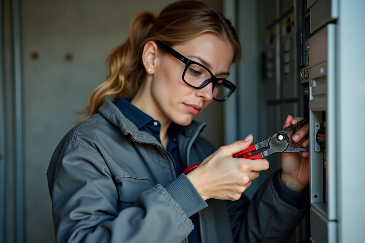 Électricienne serrant un embout de câblage sur un fil électrique avec une pince à sertir professionnelle