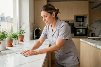 Femme de ménage professionnelle nettoyant un plan de travail dans un appartement moderne à Créteil