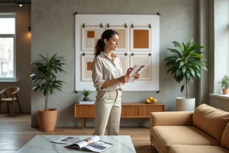 Femme tenant un nuancier de couleurs dans un salon contemporain pour simuler une décoration intérieure raffinée