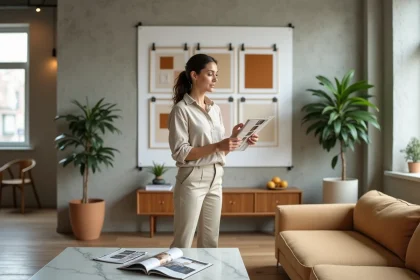 Femme tenant un nuancier de couleurs dans un salon contemporain pour simuler une décoration intérieure raffinée