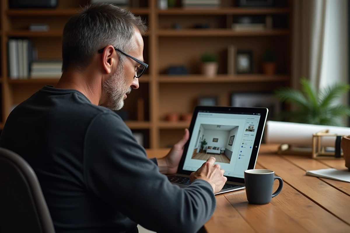 Homme utilisant un logiciel de simulation de décoration intérieure 3D sur tablette dans un bureau à domicile