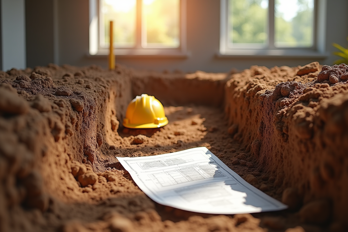 Gros plan sur sols et fondations dans une cave en construction