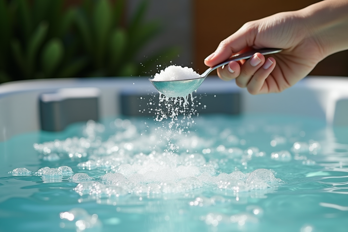 Main versant des granules de chlore dans un spa extérieur