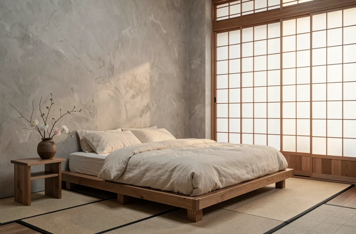 Chambre zen d'inspiration japonaise réalisée par Studio Anata avec paroi en papier washi et mobilier en bois naturel