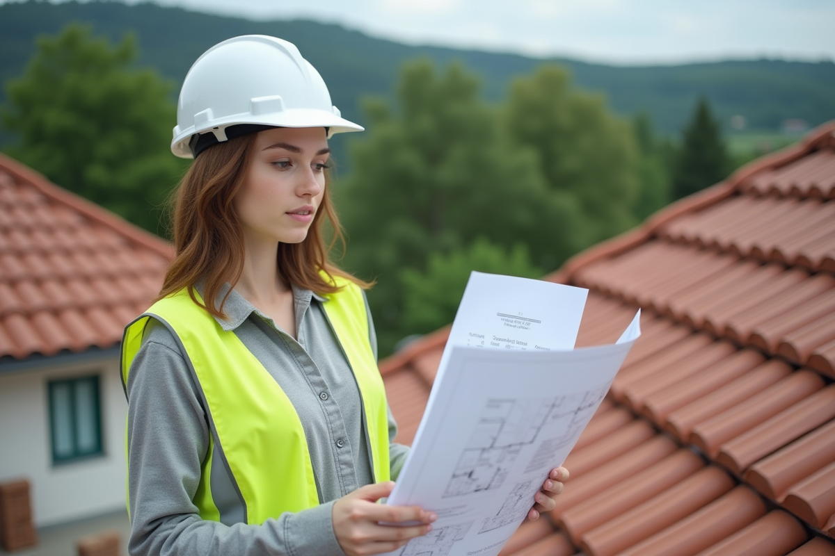 Jeune femme superviseure vérifiant des plans de toiture finie