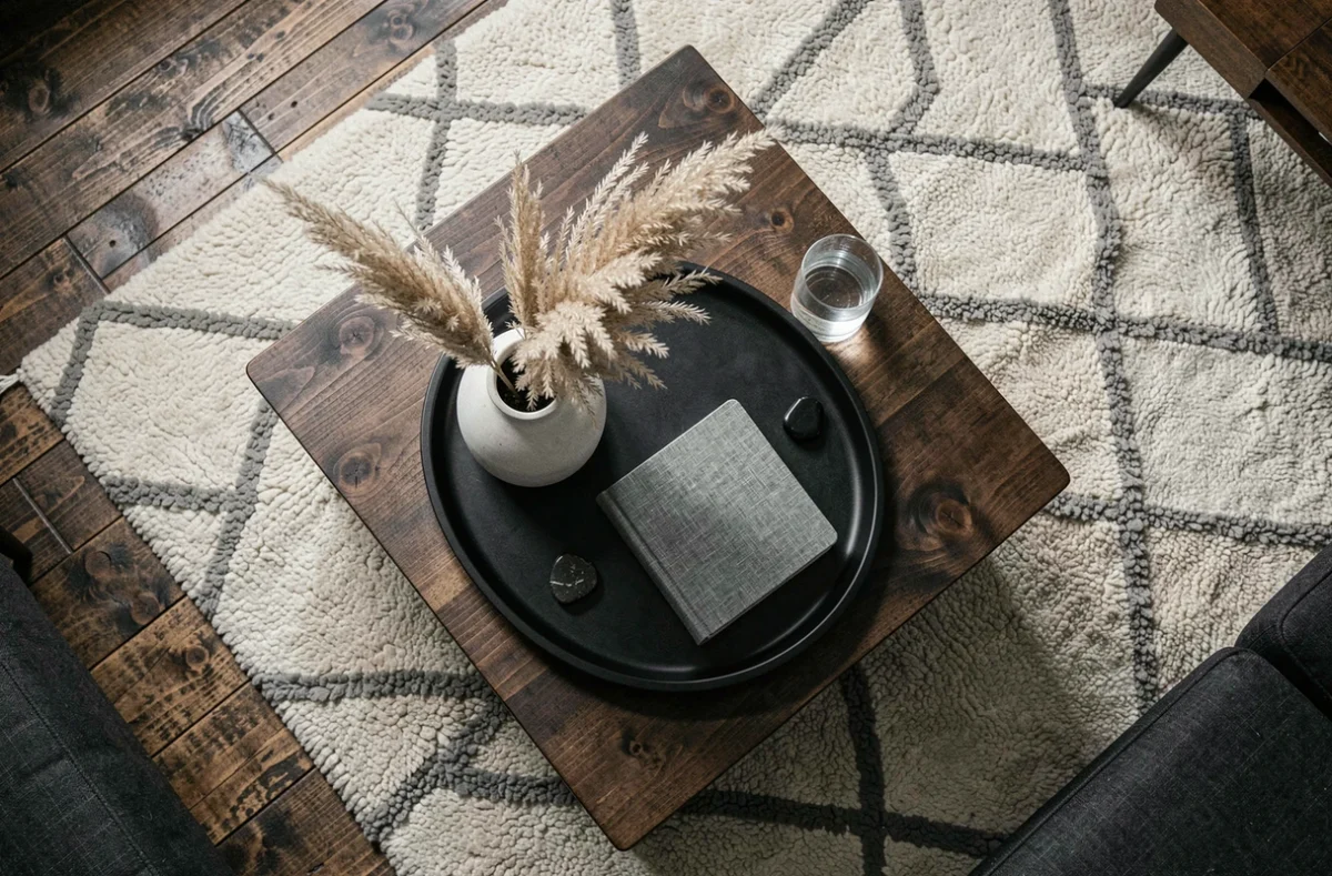 Vue du dessus d'une table basse de salon décorée en noir blanc et gris avec plateau en noyer et accessoires minimalistes