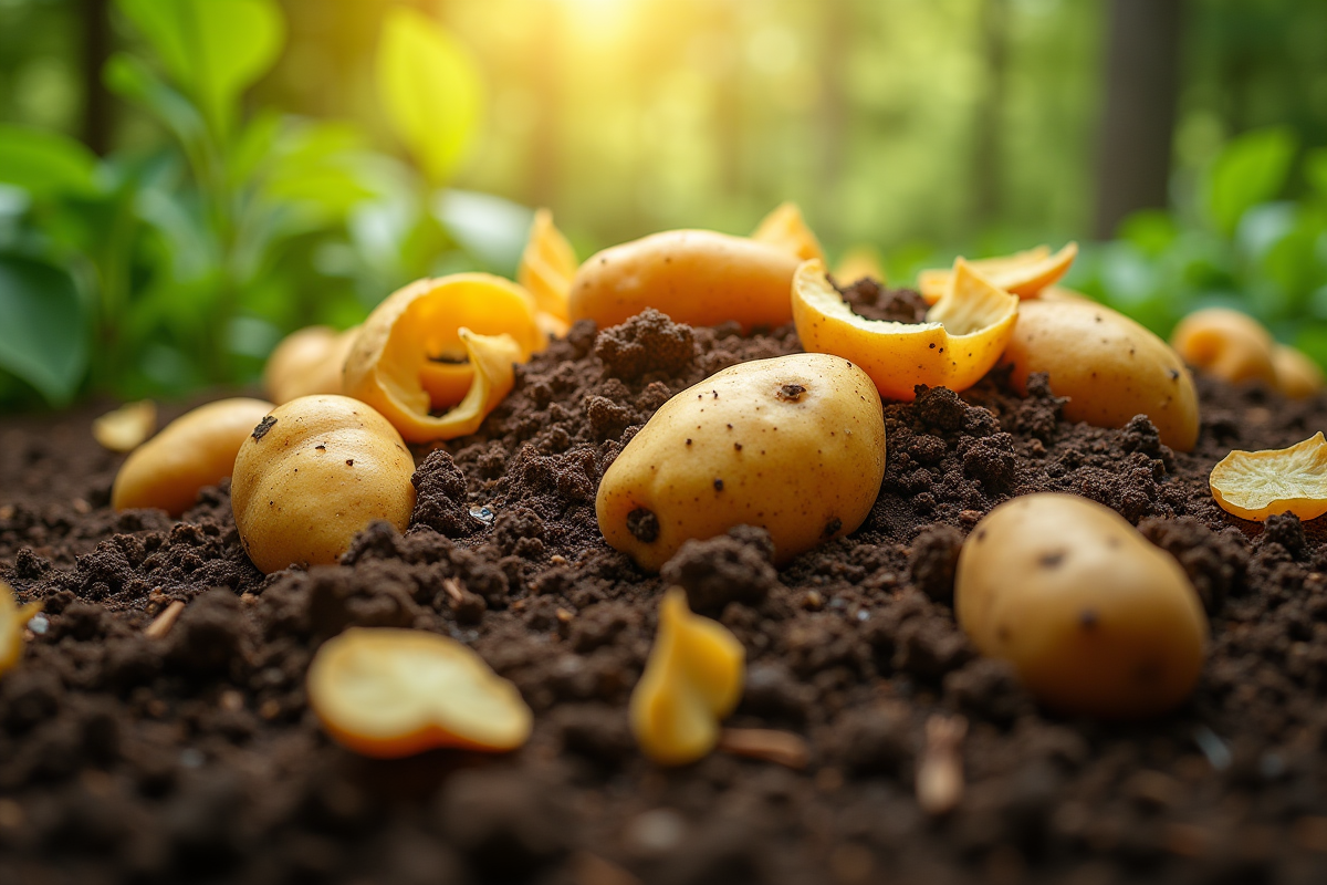 Tas de compost avec peaux de pommes de terre en décomposition