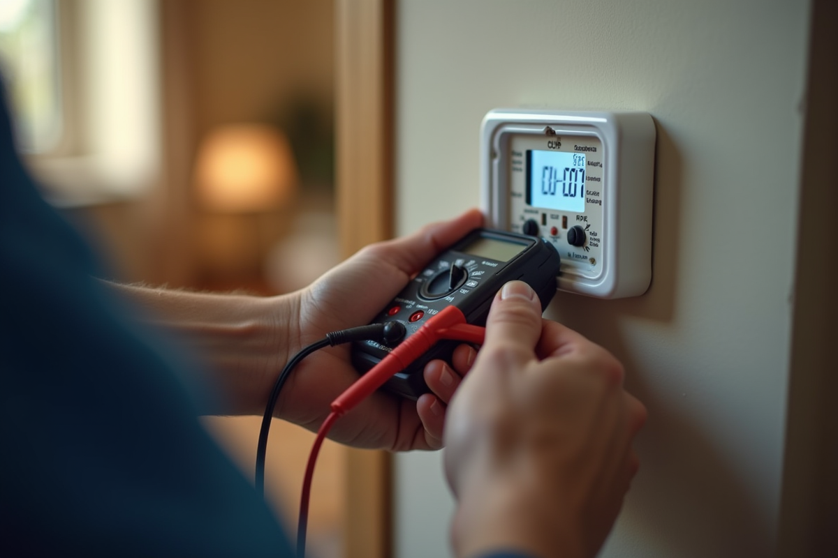 Technicien contrôlant le câblage du thermostat avec un multimètre