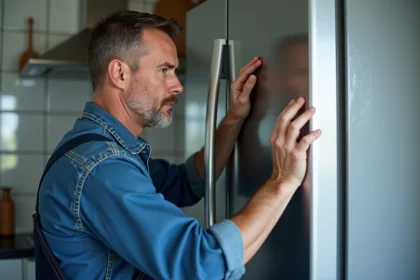 Technicien en overalls bleus examinant un frigo moderne
