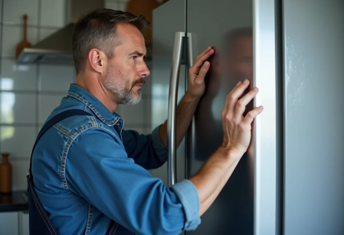 Technicien en overalls bleus examinant un frigo moderne