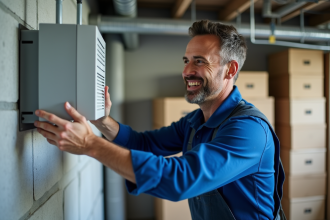 Technicien en overalls installant une ventilation moderne dans un sous-sol