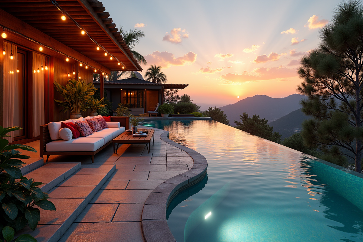 Terrasse chaleureuse au coucher de soleil avec piscine courbe