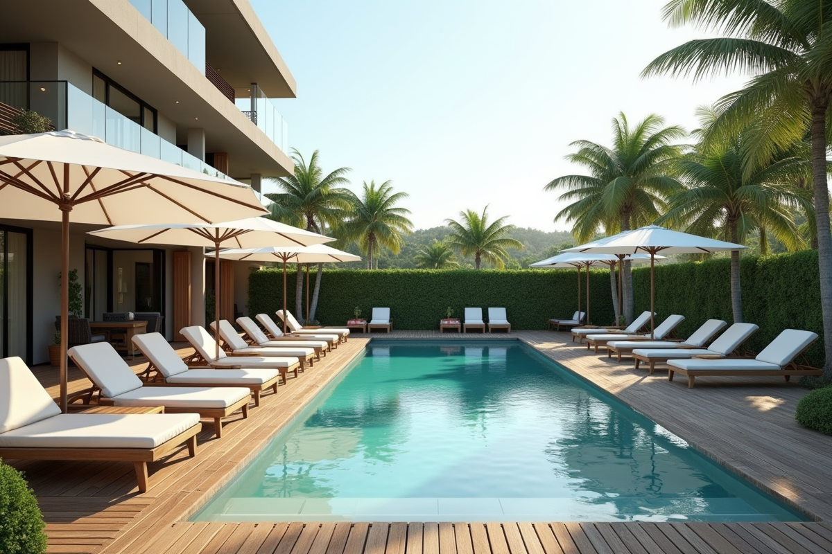 Terrasse moderne avec piscine rectangulaire et chaises longues