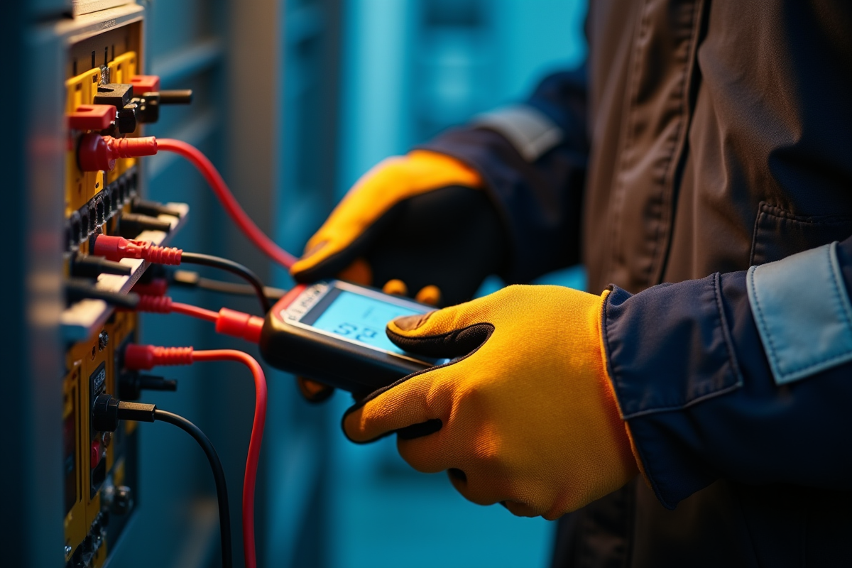 Mains portant des gants utilisant un testeur de tension sur des fils électriques