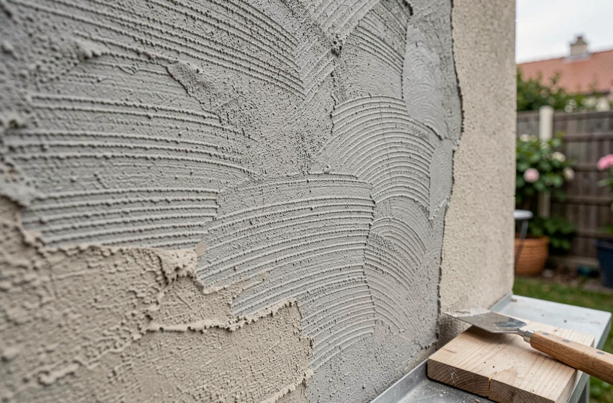 Gros plan sur la texture d'un crépi gratter avec les outils de façadier posés contre le mur en cours de finition