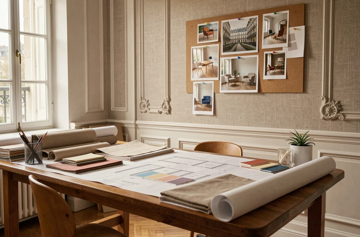 Studio de décoration TGF Décoration avec plans d'architecture et échantillons de matériaux posés sur une table de travail