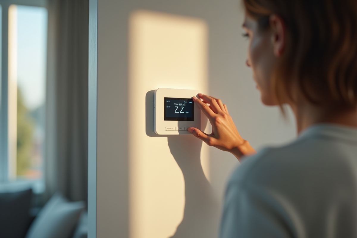 Personne vérifiant un thermostat numérique dans un salon lumineux