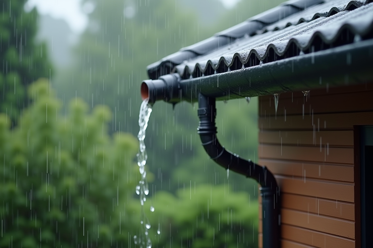 Toit résidentiel moderne avec gouttière en pluie légère