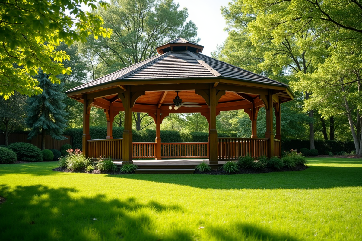 Tonnelle en bois dans un jardin vert en été avec soleil