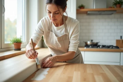 Femme appliquant un traitement naturel contre les petites bêtes noires le long d'une plinthe dans une cuisine moderne