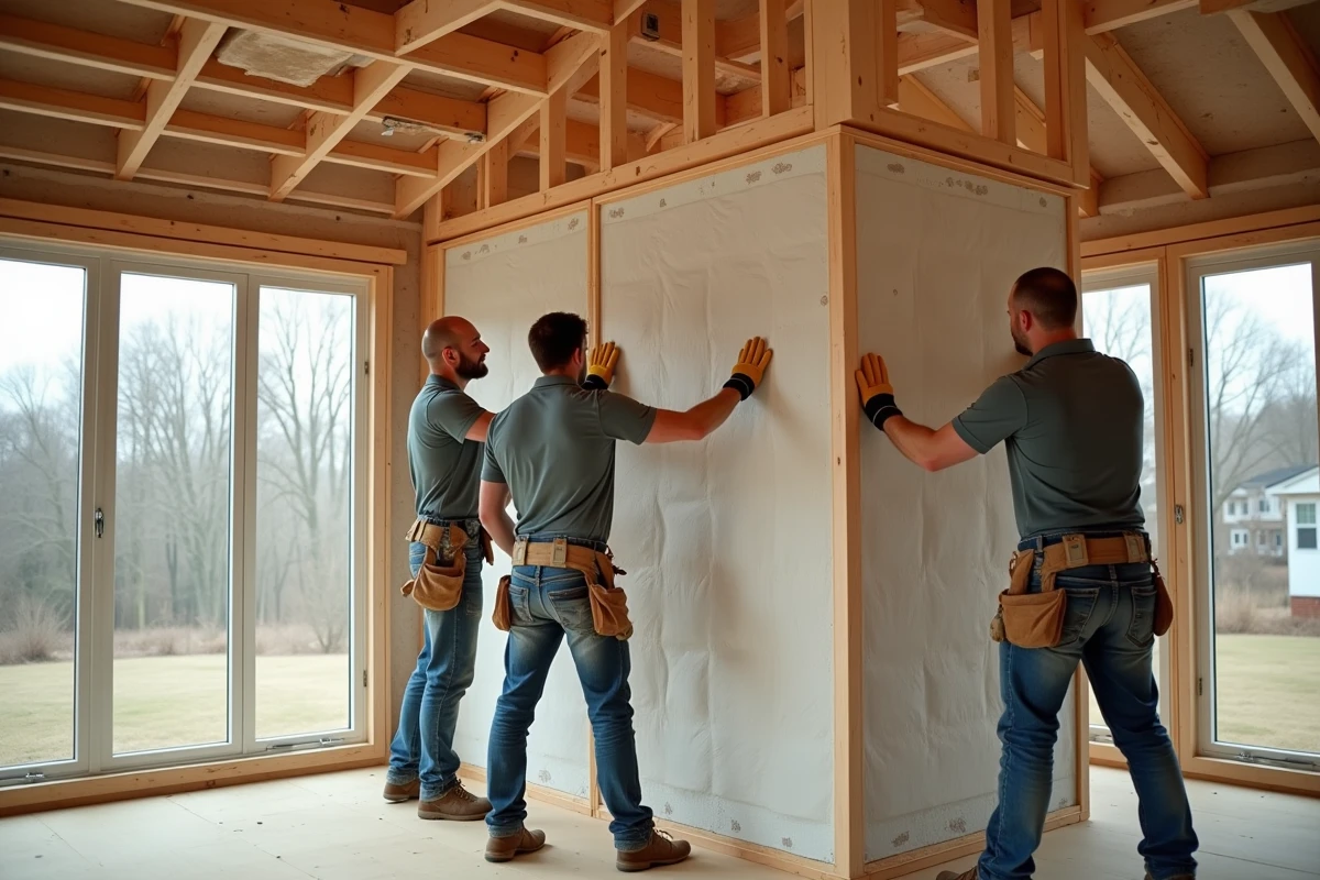 Équipe de trois ouvriers assemblant des panneaux isolés